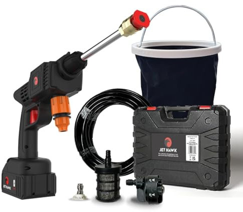 Jet Hawk High-Pressure Washer Bundle - Includes Jet Hawk, 300Mah Additional Battery & 11L Collapsible Bucket – Spray Nozzles, 5m Hose, Hose Connector, Soap Dispenser Bottle & Hard Carry Case