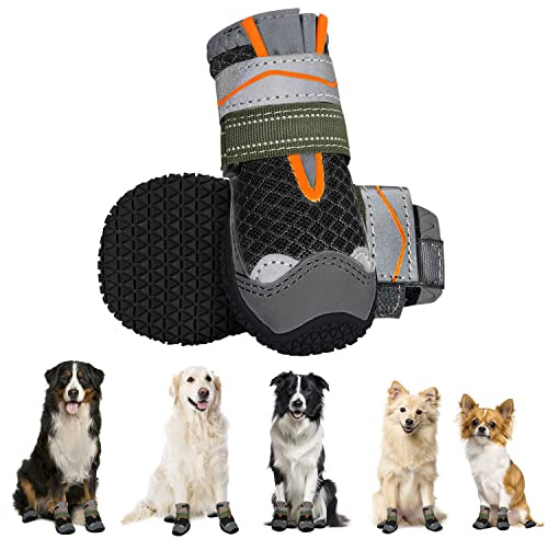 Eyein 2 Stück Hundeschuhe Pfotenschutz, Atmungsaktiv & Reflektierend | Rutschfester Sohle und Doppelt Verstellbare Klettverschlüsse für Innen & Outdoor Wanderungen, Kälte/Wärme (Schwarz, Größe 5)