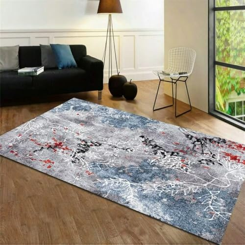 ROSURUG Alfombras Entrada Alfombras Pie De Cama 60X90CM Alfombra de Sala de Estar Diseño de Impresión de Plantas Accesorios de Dormitorio Cómodo y Fácil de Limpiar Azul