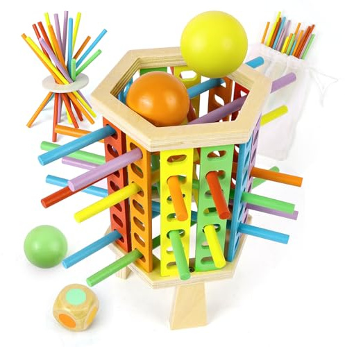 Vicloon Juego de Tablero Montessori, Juego de Torre de Madera con 30 Palitos Coloridos y Dados, Juego de Habilidades Motoras Finas, Juguetes Educativos Matematicas para Niños 3 4 5 6 Años