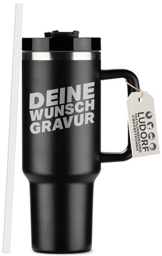 #teamludorf Thermobecher 1L mit Strohhalm & Henkel - Personalisierter Kaffeebecher Edelstahl, doppelwandig & isoliert - Trinkbecher mit Schraubdeckel, Verschüttschutz & spülmaschinenfest, Schwarz