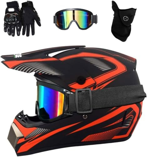 Vuxen MTB Motocross Hjälm, full ansikte utanför vägen Sports motorhjälm med glasögonhandskar Mask, Downhill Enduro quad Dirt Bike Scooter Motorcykelhjälm(Red,M(54~55cm))