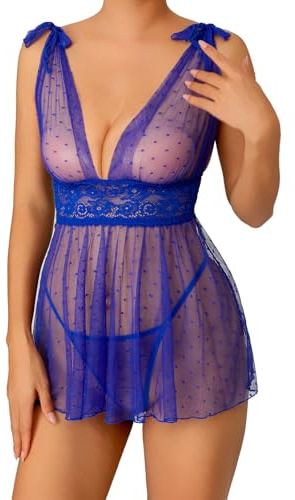 NLAND Babydoll Dessous für Frauen Sexy Babydoll V-Ausschnitt Spitze Nachtwäsche Frauen Damen Durchsichtige Dessous Schleife Unterwäsche Nachthemd Set mit G-String，Blau Einheitsgröße