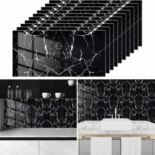 Tarwanear Marble Tile Stickers 60 x 30cm 10PCS Self Adhesive Wall Tiles Bathroom Waterproof Peel and Stick Wall Moulding Panels PVC Stick on Tiles for Home Decor Kitchen Backsplash,Marble Black