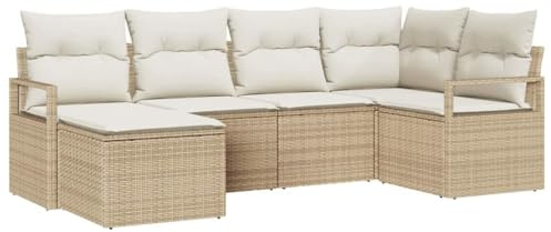 vidaXL Soffset med kudde 6 pcs Beige konstrotting, Trädgård och Terrass, Modulsoffgrupp, Utomhuslounge, Väderbeständig Rattan, Lätt Utemöbel, Modern Design