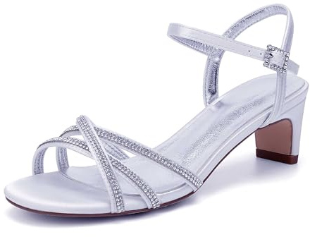 KYEGLO Zapatos De Novia De Tacón Bajo De Satén con Punta Redonda para Mujer, Sandalias Abiertas con Tiras para Mujer, Zapatos De Novia De Tacón Alto con Pedrería.