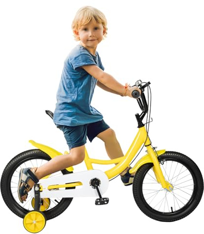 GIDRLL Vélo enfant 16 pouces réglable en hauteur pour garçons et filles à partir de 4 à 6 ans avec roues stabilisatrices et double système de freinage