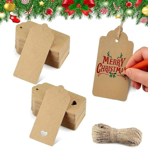 100 Stück Geschenkanhänger Kraftpapier, Braun zum Beschriften | 300 g/m², 5 x 10 cm, mit Juteschnur, für Geschenke, Hochzeit, Geburtstag, Ostern, Weihnachten, DIY und Aufbewahrung