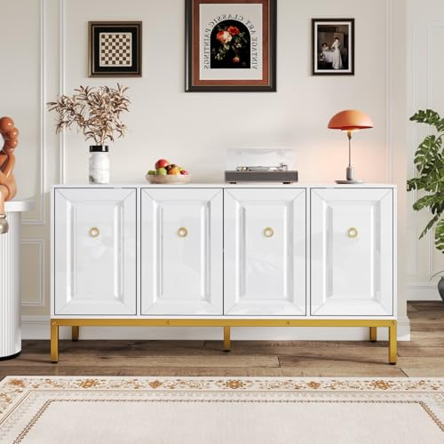 Élégant Buffet 140×80×40cm, Sideboard Moderne Blanc,Meuble de Rangement Brillant avec poignées et Pieds dorés, équipé d'étagères