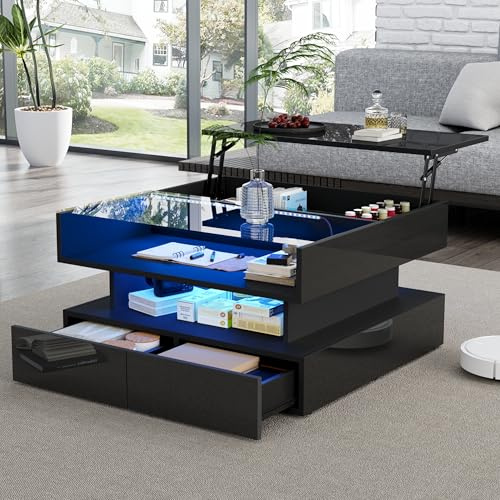 Merax Couchtisch Höhenverstellbar, Wohnzimmertisch mit Schublade & verstecktem Fach, Multifunktions-Sofatisch mit LED Beleuchtung & Glastischplatte, Quadratisch Beistelltisch, Hochglanz Schwarz