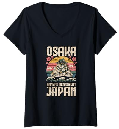 Mujer Osaka Castle Kansai Heartbeat Japón Retro Travel Souvenir Camiseta Cuello V