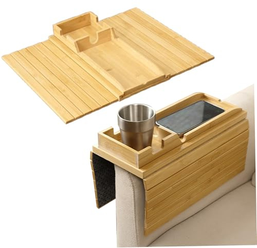 Reposabrazos para sofá Mesa Bandeja para Brazo de sofá de bambú Bandeja Plegable Antideslizante para portavasos para Control Remoto, teléfonos, Tazas y refrigerios, Brazo para