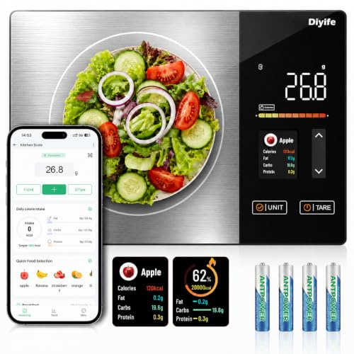 Diyife Smart Food Scales Calorie Counting, [TFT Colorful Display] 25 Nutrients Kitchen Scales with APP Sync, Calorie & Macro Tracking, Keto, 5 Units, Tare, 5kg Nutrition Scales for Baking, Weight Loss