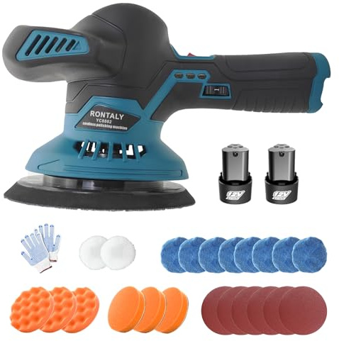 Set de pulidora de coche inalámbrica profesional - Incluye 2x baterías de 3,0Ah + cargador y 24 accesorios - Regulación de velocidad de 6 niveles (hasta 6000 RPM), pulidor inalámbrico para preparación