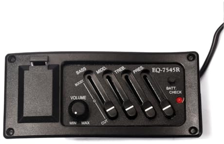 SOLUSTRE Gitarren Tonabnehmer 4-Band Eq Vorverstärker für Folk Gitarre Schwarz mit Kunststoff und Metall Modell 7545R Inklusive Anschlusskabel 2,5Mm für Akustische Gitarre