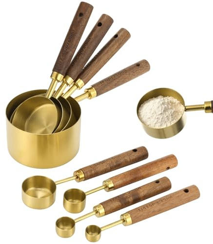 8 Pcs Gold Stainless Steel Measuring Cups and Spoons Set, Acacia Wooden Handle Kitchen Tools, Precision Engraved Scales, Stackable for Easy Storage, Elegant Baking Cooking Coffee Tea Essentials