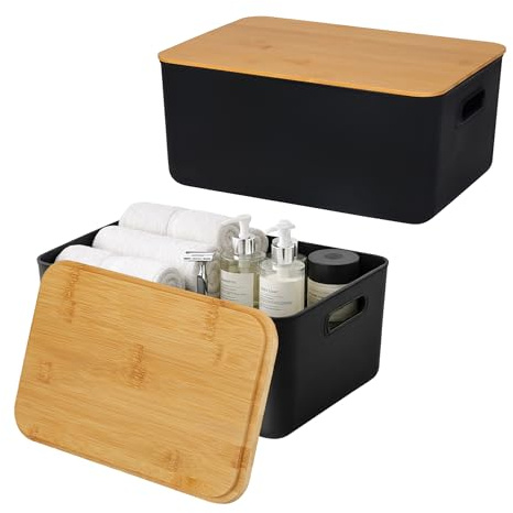 Relaxdays Aufbewahrungsbox, 2er Set, mit Deckel, Kunststoff & Bambus, mit Griffen, Organizer, HBT: 16x36x25 cm, schwarz