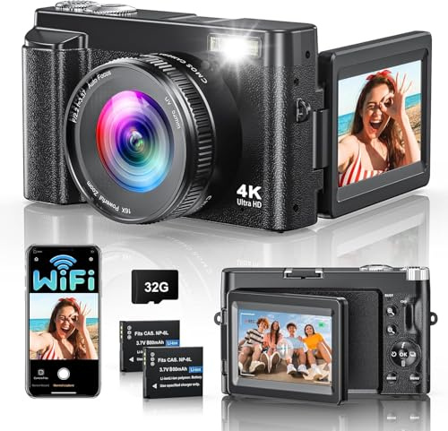 Cámara digital 4K 64MP con WiFi, zoom digital de 16X, pantalla abatible de 180°, cámara de vlogging con enfoque automático con selfie, cámara compacta WiFi con tarjeta de 32 GB, 2 baterías para