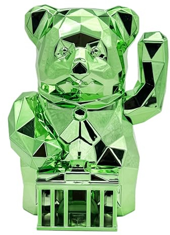 Maneki Kuma Serie III – Original Woneki Winkebär Treptow – Limitierte Sammleredition, Glücksbringer Bär, metallic hellgrün, Berlin Design, 12,5x15x11 cm