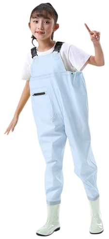 Vadderingsbyxor för småbarn vattentäta fiskebyxor med stövlar utomhus jumpsuit för pojkar slitstarkt material för jakt fritid bekväm lekdräkt för aktiva, Ljusblå, 4-5 år