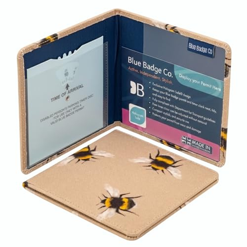 Blue Badge Co Bee Print Fabric Hologram-Safe Wallet | Disabled Parking Permit Cover Holder Fits New Badge Includes Timer Clock Made in the UK