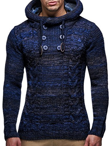 Leif Nelson Men's Pullover Knit Sweater Hooded Hoodie LN-20227 Dark Blue Small