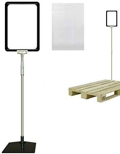 4 Plakatständer DIN A4 Rahmen schwarz mit U-Tasche, Teleskopständer höhenverstellbar bis 1510 mm mit Teleskoprohr ALU Kunststoff, Fuß eckig 160x192 mm Stahl schwarz, Kundenstopper Paletten Aufsteller