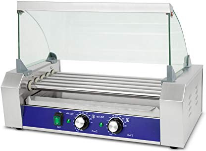 VERTES Gastro Hot Dog Maker de acero inoxidable, eléctrica con 1000W, máquina de perritos calientes con 5 rodillos y 2 zonas de calentamiento, bandeja recogegotas y temperatura de 50-250°C