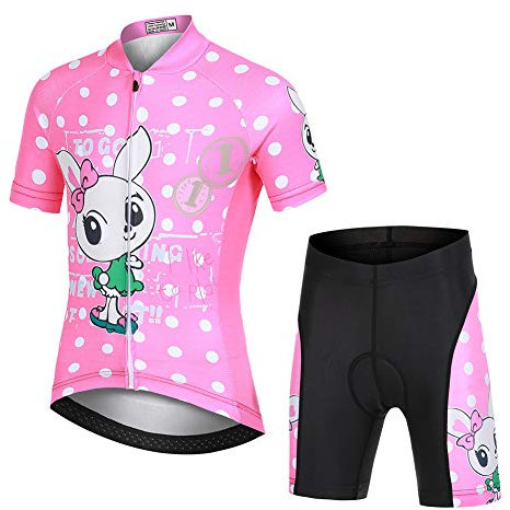 LPATTERN barn cykelsport kläder – pojkar/flickor cykel trikotset (trikot kort ärm + kort hjulbyx)/cykeltrikå kort arm/kort cykelbyxor med sittdyna (cykelsport) Hase Mädchen auf Rosa(anzug) 146-152