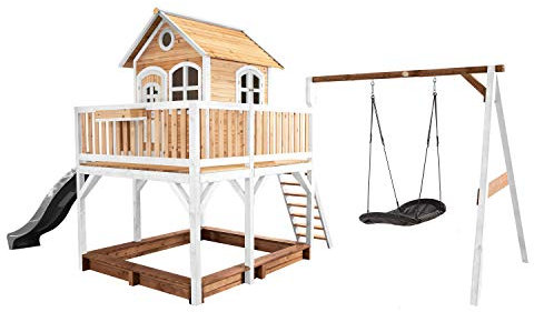 AXI Liam Playhouse for Kids Outdoor, sandpit, nesting swing & grey slide | Play house for the garden/outdoor in brown & white from FSC wood