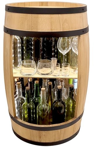 WEECO Barile in legno, Armadietto da bar con LED rustico. Portavinistile vintage, decorazione per la casa. Per il whisky e la birra, per bicchieri e bottiglie. Scaffale per bottiglie di alcol bar 80cm