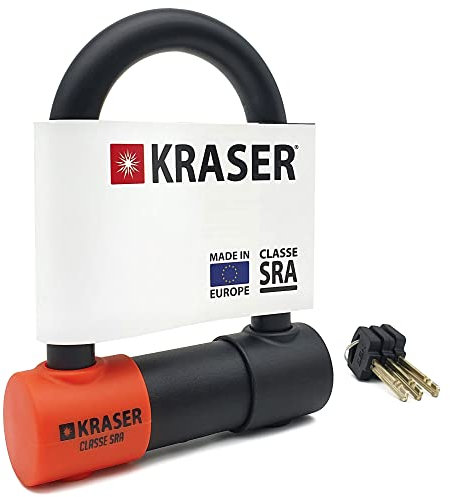 KRASER KR85S Lucchetto a U Blocco Ruota, Alta Sicurezza Testata, Omologato SRA, Arco 85x125mm ø18mm Doppio Chiusura, Serratura Anti-Grimaldello, Antifurto U Lock per Moto, Scooter