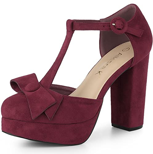 Allegra K Women Halloween Party Chunky Platform Pumps Heels Dress Shoes | T-Strap Mary Janes with Bow. Round Toe Block Heel. ABS Heel. Office Casual Cosplay Dating Christmas Days