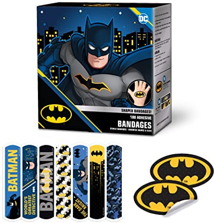 Batman Shaped Kids Bandages, Children Super Hero Characters, Flexible Adhesive Bandages for Blisters, Minor Cuts, Scrapes, Burns, First Aid & Wound Care Protection for All Skin Types, 100 Count