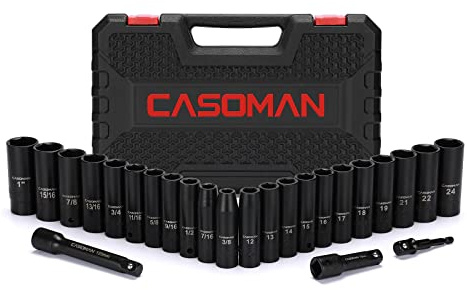 CASOMAN 25-teiliges 1/2-Zoll-Antriebs-Steckschlüssel-Set, tief, Cr-V-Stahl, 6-Punkt, metrisch und SAE, 12 mm bis 24 mm, 3/8 Zoll bis 1 Zoll, 12.7 cm, 1/6.4 cm Adapter