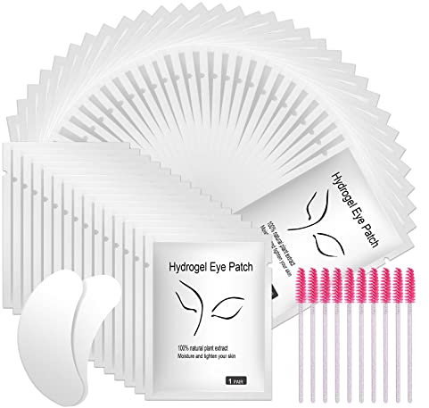 URAQT Augenpads für Wimpernverlängerung, 50 Paar Wimpernpads, Wimpern Extension Pads mit 10 Stück Wimpernbürste, Wimpernverlängerung Augen Pads Eye Patch für Eyelash Extensions