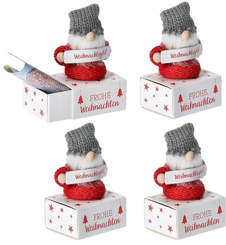 4 x Kleine Wichtel mit Box für ihre Geldgeschenke für Weihnachten | Geldverpackung - Verpackung für Geld - Weihnachtsgeld Verpackung