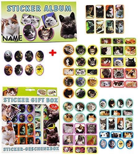 alles-meine.de GmbH 80 TLG. Set Sticker/Aufkleber + Stickeralbum - Katzen - incl. Name - selbstklebend Stickerbox - Stickerset für Kinder - für Mädchen & Jungen - Tiersti..