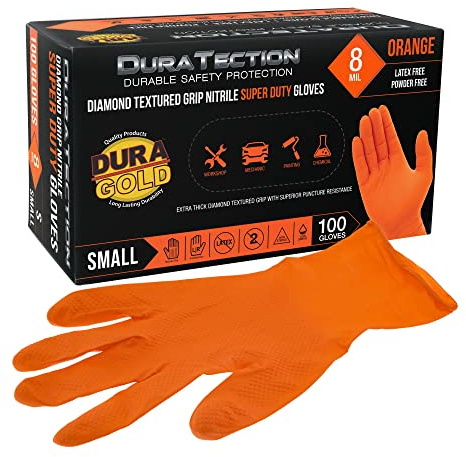 Dura-Gold Duratection 8 Mil Orange Super Duty Diamond Textured Nitrile Disposable Gloves, Box of 100, Large - Latex Free, Powder Free, Food Safe, Safety Protection Work Gloves, Mechanical, Industrial