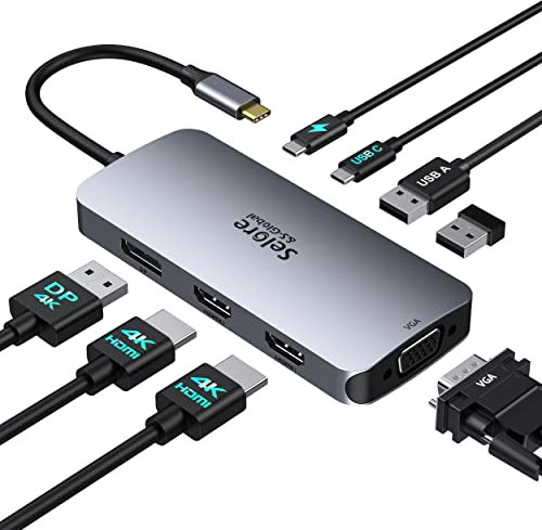 Dock USB C Double Moniteur, 8 en 1 HUB Dual HDMI et Displayport/VGA, PD 100W, USB C 2.0, 2*USB 2.0, Stations d'accueil pour Dell HP Lenovo ASUS Microsoft