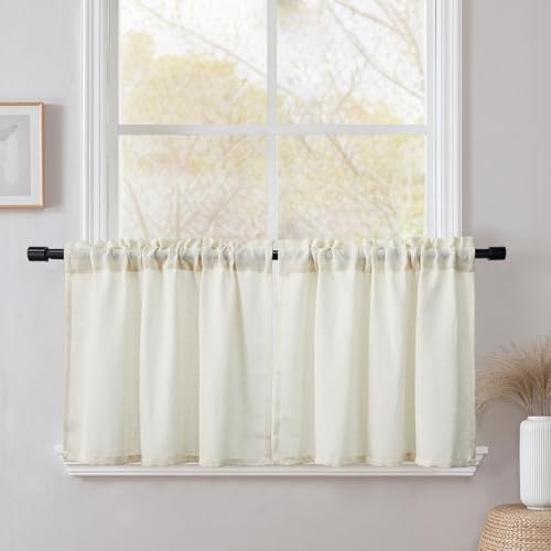 CUCRAF Scheibengardine Küchengardinen Bistrogardine 2er Set Natur Leinen H 60 x B 120 Natur Halb Transparent Stores Gardinen Fenster Leinenvorhang Gardinenschal