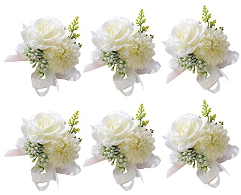 Handgelenk Blumen für Hochzeit,6 Stück Handgelenk Corsage Armband Blumenarmband Armreif Blumenschmuck für Hochzeit,Festival,Strand Party,Abschlussball Zubehör für Braut Brautjungfer,Weiß