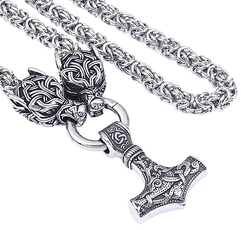 Nordische Mythologie Wikinger Mjölnir Herren Halskette – Wolfskopf Mit Thors Hammer Anhänger Edelstahl Königskette –Handgefertigter Schwerer Vintage Kette Pagan Schmuck(Silver Round Chain,50CM)