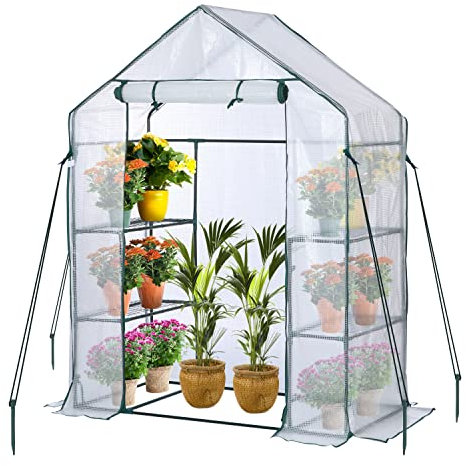 JUNGLE STONE Walk In Greenhouse with Steel Frame and Reinforced PE Plastic Cover 3 Tier 4 Wired Shelves Greenhouse Plant Nursery for Small Gardens, Patios, Perfect for Tomato Growing Easy to Assemble