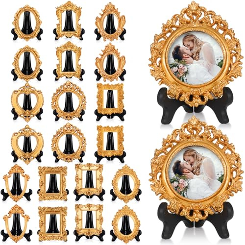 Tatuo 20 Sets Mini Picture Frames and Display Stands Vintage Resin Empty Photo Frame Stable Black Plastic Faux Wood Hangable Stand Mini Easel Stands for Home Office Wedding Decor Filming Props (Gold)
