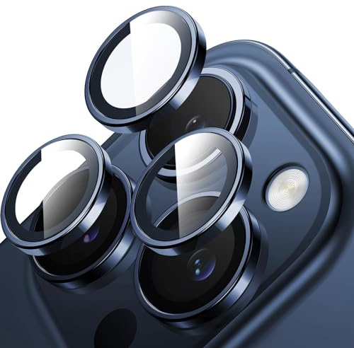 Smasener Protection Objectif Caméra pour iPhone 15 Pro 6,1 Pouces et iPhone 15 Pro Max 6,7 Pouces,Couverture Anneau Individuel en Métal en Verre Trempé 9H【Mise à niveau】 (Titane bleu)
