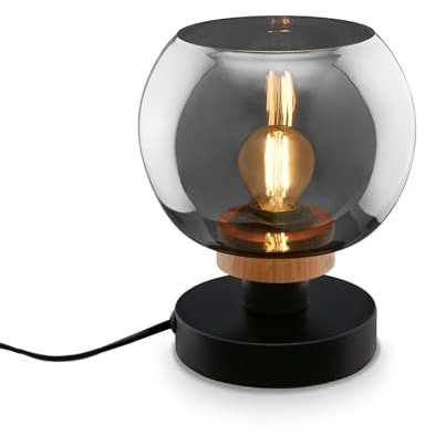 BRILONER – Nachttischlampe, Rauchglas, Kabelschalter Schreibtischlampe, Tischlampe E14 für Home Office, Leselampe, Schwarz-Holz