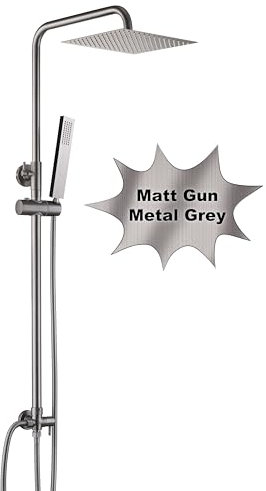 Görbach Colonne de Douche Acier inoxydable Système de Douche san Robinetterie, Ensemble de douche Pluie Réglable en Hauteur avec Douchette et Douche de Tête 20 x 20 cm Gris gunmetal brossé