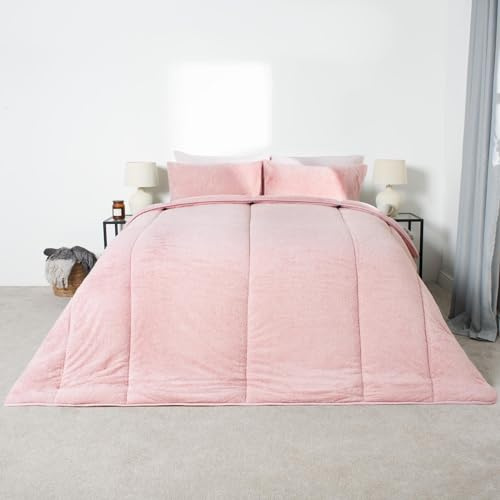 OHS Teddy Fleece Coverless Duvet Double 10.5 Tog, Double Duvet Set with Pillowcases Winter Bedding Quilt Covers Warm Fluffy Coverless Duvets, Blush Pink