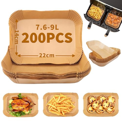 Backpapier für Heißluftfritteuse 22x14cm, 200Pcs Einweg-Antihaft Airfryer Backpapier Rechteck,Wasserdicht Ölfest Backpapier Airfryer Zubehör,Air fryer paper für Heißluftfritteuse,Mikrowelle(Natur)